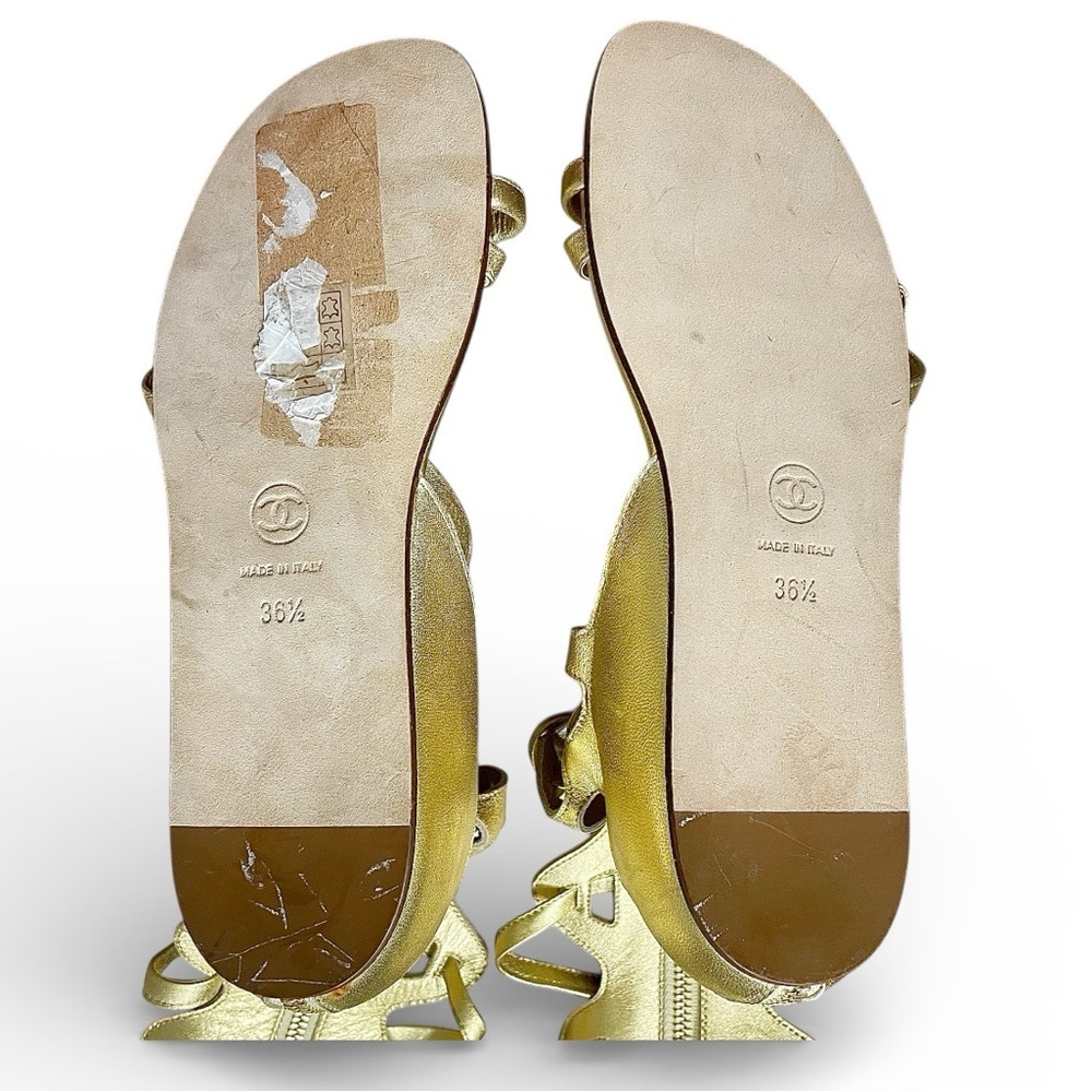 AUTH! CHANEL Metallic Gold Tall Tie Up Gladiator Flat Boot Sandals 36.5 - Picture 6 of 12